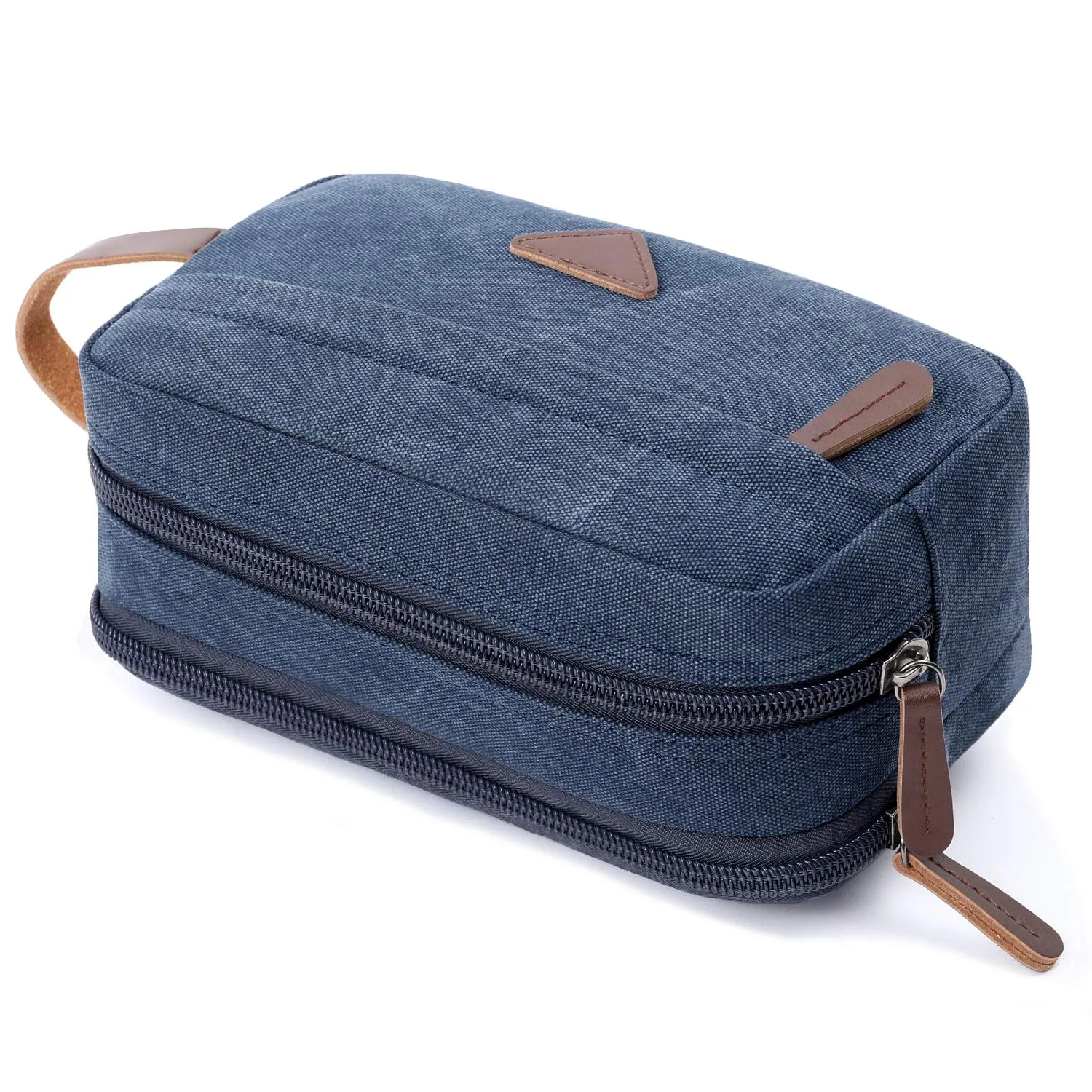 Mactso Mens Travel Toiletry Bag Canvas Leather Cosmetic Makeup Organizer Shaving Dopp Kits with Double Compartments (Blue 1)