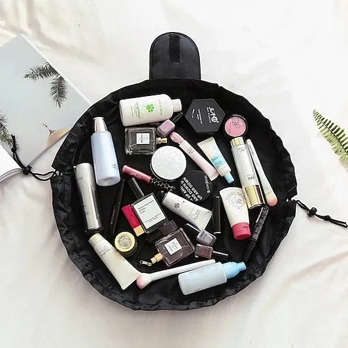 Magic Cosmetics Pouch Black Drawstring Cosmetic Bag for Women, Portable Waterproof Makeup Bag Organizer with Pearl Handle Chain, Travel Toiletry Beauty Case