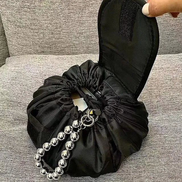 Magic Cosmetics Pouch Black Drawstring Cosmetic Bag for Women, Portable Waterproof Makeup Bag Organizer with Pearl Handle Chain, Travel Toiletry Beauty Case