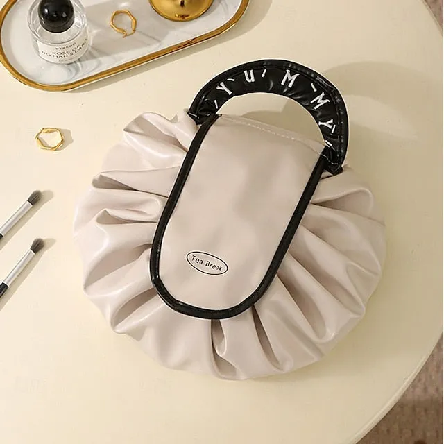 Magic Cosmetics Pouch Black Drawstring Cosmetic Bag for Women, Portable Waterproof Makeup Bag Organizer with Pearl Handle Chain, Travel Toiletry Beauty Case