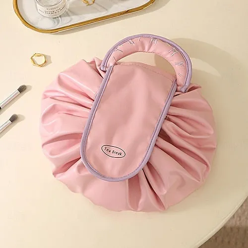 Magic Cosmetics Pouch Black Drawstring Cosmetic Bag for Women, Portable Waterproof Makeup Bag Organizer with Pearl Handle Chain, Travel Toiletry Beauty Case