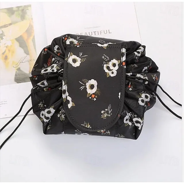 Magic Cosmetics Pouch Black Drawstring Cosmetic Bag for Women, Portable Waterproof Makeup Bag Organizer with Pearl Handle Chain, Travel Toiletry Beauty Case