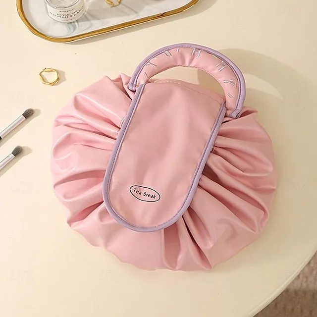 Magic Cosmetics Pouch Black Drawstring Cosmetic Bag for Women, Portable Waterproof Makeup Bag Organizer with Pearl Handle Chain, Travel Toiletry Beauty Case