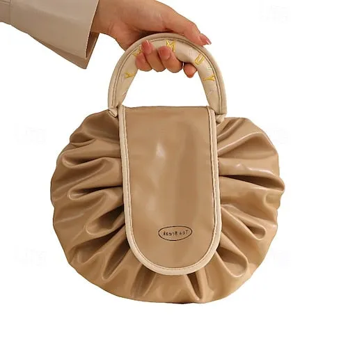 Magic Cosmetics Pouch Black Drawstring Cosmetic Bag for Women, Portable Waterproof Makeup Bag Organizer with Pearl Handle Chain, Travel Toiletry Beauty Case