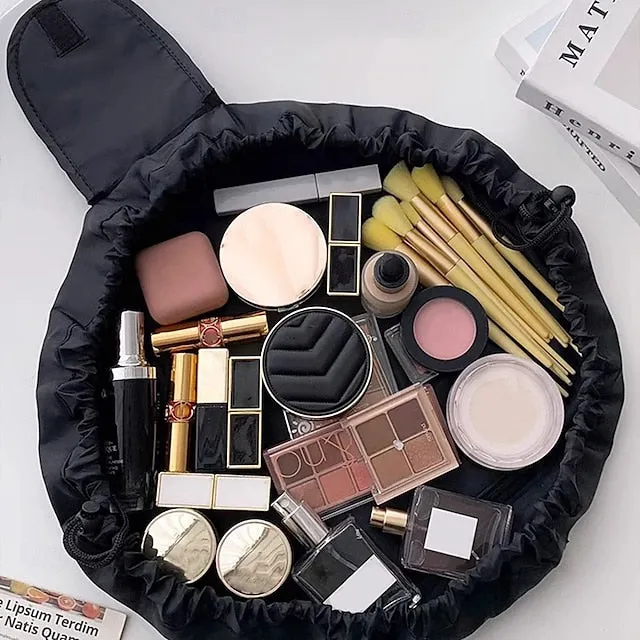 Magic Cosmetics Pouch Black Drawstring Cosmetic Bag for Women, Portable Waterproof Makeup Bag Organizer with Pearl Handle Chain, Travel Toiletry Beauty Case