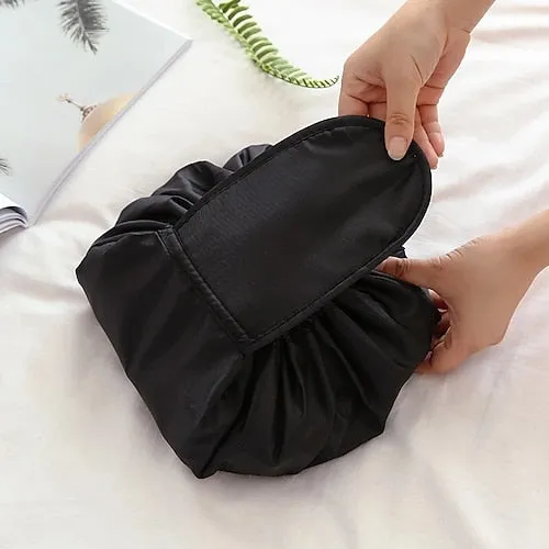 Magic Cosmetics Pouch Black Drawstring Cosmetic Bag for Women, Portable Waterproof Makeup Bag Organizer with Pearl Handle Chain, Travel Toiletry Beauty Case