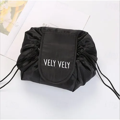 Magic Cosmetics Pouch Black Drawstring Cosmetic Bag for Women, Portable Waterproof Makeup Bag Organizer with Pearl Handle Chain, Travel Toiletry Beauty Case