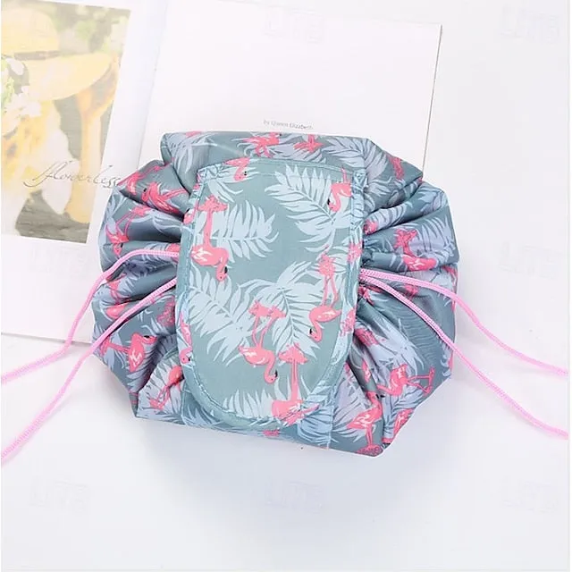 Magic Cosmetics Pouch Black Drawstring Cosmetic Bag for Women, Portable Waterproof Makeup Bag Organizer with Pearl Handle Chain, Travel Toiletry Beauty Case