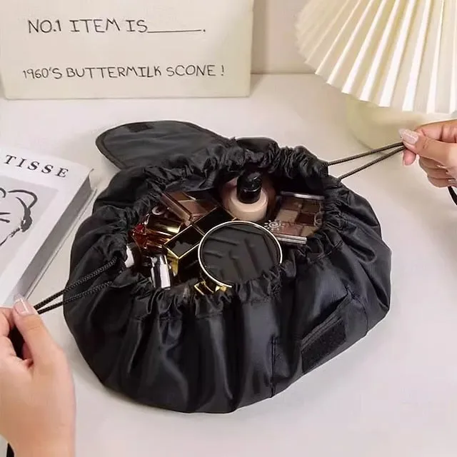 Magic Cosmetics Pouch Black Drawstring Cosmetic Bag for Women, Portable Waterproof Makeup Bag Organizer with Pearl Handle Chain, Travel Toiletry Beauty Case