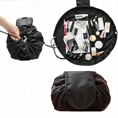 Magic Cosmetics Pouch Black Drawstring Cosmetic Bag for Women, Portable Waterproof Makeup Bag Organizer with Pearl Handle Chain, Travel Toiletry Beauty Case