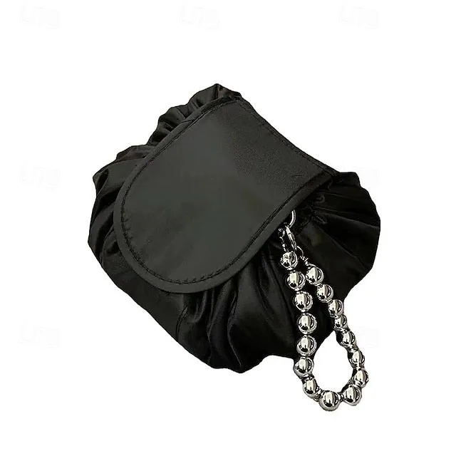 Magic Cosmetics Pouch Black Drawstring Cosmetic Bag for Women, Portable Waterproof Makeup Bag Organizer with Pearl Handle Chain, Travel Toiletry Beauty Case