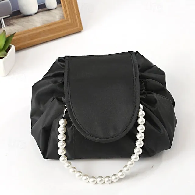 Magic Cosmetics Pouch Black Drawstring Cosmetic Bag for Women, Portable Waterproof Makeup Bag Organizer with Pearl Handle Chain, Travel Toiletry Beauty Case