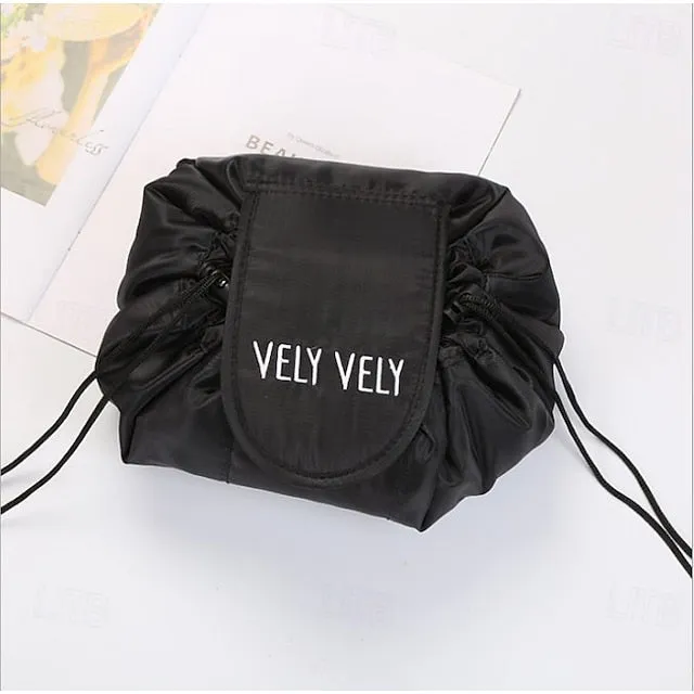 Magic Cosmetics Pouch Black Drawstring Cosmetic Bag for Women, Portable Waterproof Makeup Bag Organizer with Pearl Handle Chain, Travel Toiletry Beauty Case