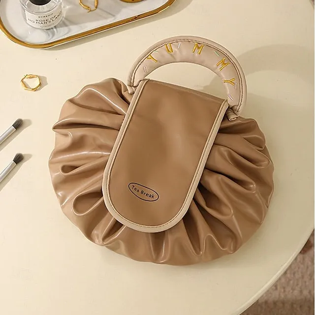 Magic Cosmetics Pouch Black Drawstring Cosmetic Bag for Women, Portable Waterproof Makeup Bag Organizer with Pearl Handle Chain, Travel Toiletry Beauty Case