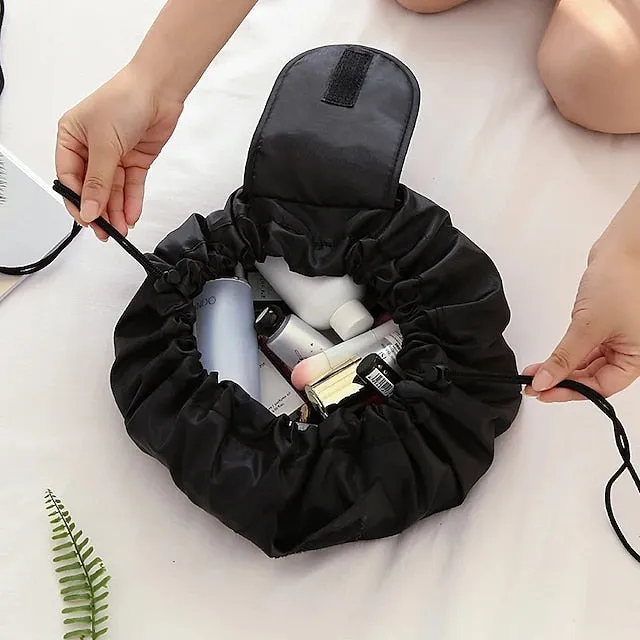 Magic Cosmetics Pouch Black Drawstring Cosmetic Bag for Women, Portable Waterproof Makeup Bag Organizer with Pearl Handle Chain, Travel Toiletry Beauty Case
