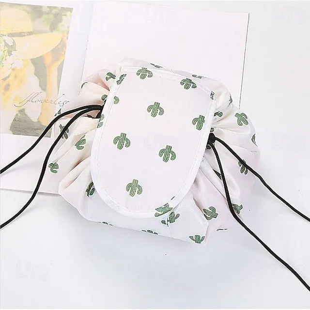 Magic Cosmetics Pouch Black Drawstring Cosmetic Bag for Women, Portable Waterproof Makeup Bag Organizer with Pearl Handle Chain, Travel Toiletry Beauty Case