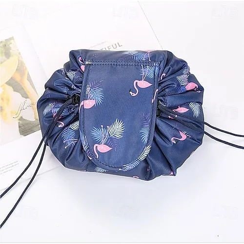 Magic Cosmetics Pouch Black Drawstring Cosmetic Bag for Women, Portable Waterproof Makeup Bag Organizer with Pearl Handle Chain, Travel Toiletry Beauty Case