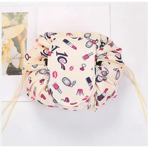 Magic Cosmetics Pouch Black Drawstring Cosmetic Bag for Women, Portable Waterproof Makeup Bag Organizer with Pearl Handle Chain, Travel Toiletry Beauty Case