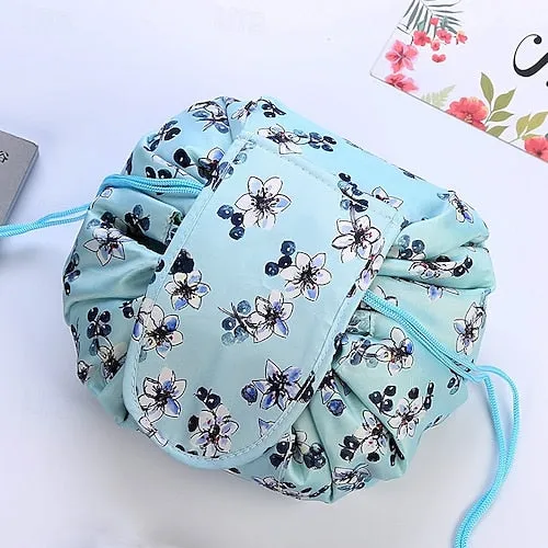 Magic Cosmetics Pouch Black Drawstring Cosmetic Bag for Women, Portable Waterproof Makeup Bag Organizer with Pearl Handle Chain, Travel Toiletry Beauty Case