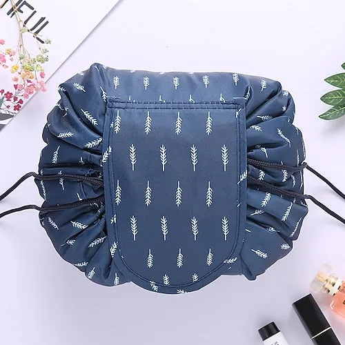 Magic Cosmetics Pouch Black Drawstring Cosmetic Bag for Women, Portable Waterproof Makeup Bag Organizer with Pearl Handle Chain, Travel Toiletry Beauty Case