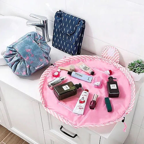 Magic Cosmetics Pouch Black Drawstring Cosmetic Bag for Women, Portable Waterproof Makeup Bag Organizer with Pearl Handle Chain, Travel Toiletry Beauty Case