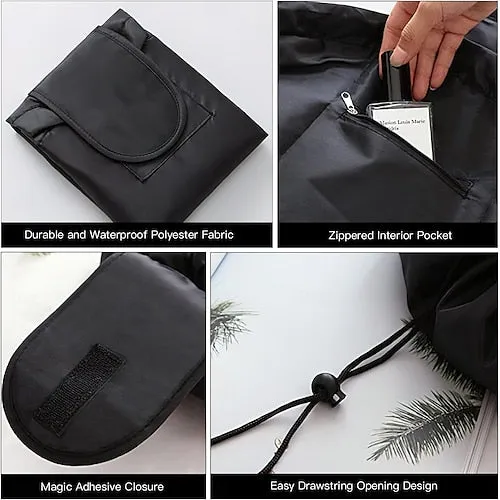 Magic Cosmetics Pouch Black Drawstring Cosmetic Bag for Women, Portable Waterproof Makeup Bag Organizer with Pearl Handle Chain, Travel Toiletry Beauty Case