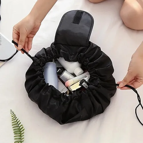 Magic Cosmetics Pouch Black Drawstring Cosmetic Bag for Women, Portable Waterproof Makeup Bag Organizer with Pearl Handle Chain, Travel Toiletry Beauty Case