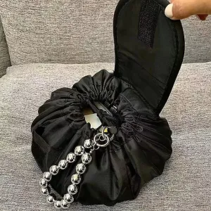Magic Cosmetics Pouch Black Drawstring Cosmetic Bag for Women, Portable Waterproof Makeup Bag Organizer with Pearl Handle Chain, Travel Toiletry Beauty Case