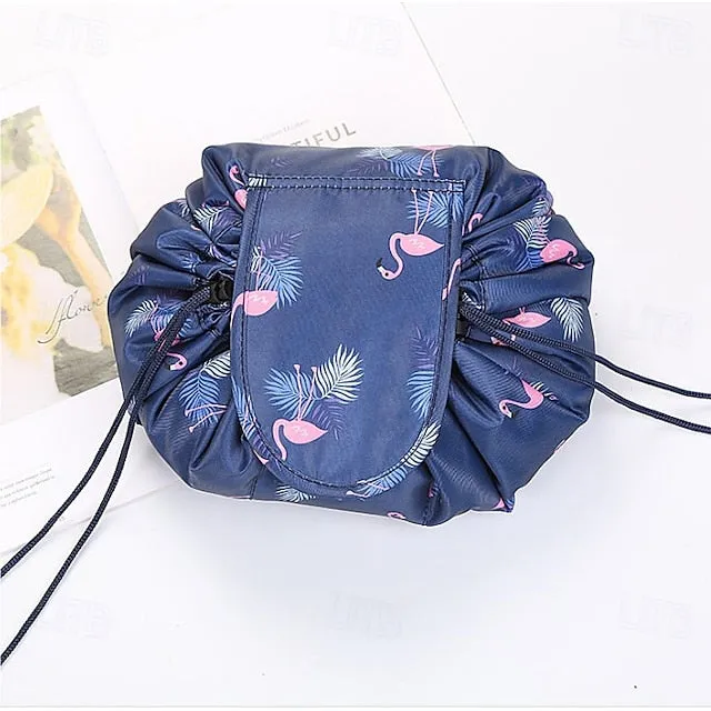 Magic Cosmetics Pouch Black Drawstring Cosmetic Bag for Women, Portable Waterproof Makeup Bag Organizer with Pearl Handle Chain, Travel Toiletry Beauty Case