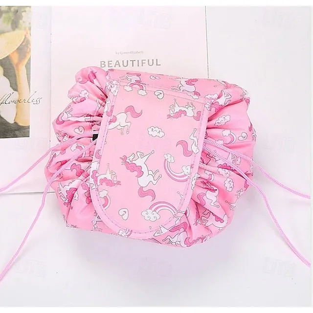 Magic Cosmetics Pouch Black Drawstring Cosmetic Bag for Women, Portable Waterproof Makeup Bag Organizer with Pearl Handle Chain, Travel Toiletry Beauty Case