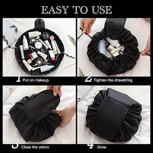 Magic Cosmetics Pouch Black Drawstring Cosmetic Bag for Women, Portable Waterproof Makeup Bag Organizer with Pearl Handle Chain, Travel Toiletry Beauty Case