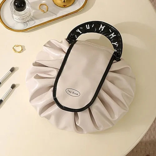 Magic Cosmetics Pouch Black Drawstring Cosmetic Bag for Women, Portable Waterproof Makeup Bag Organizer with Pearl Handle Chain, Travel Toiletry Beauty Case