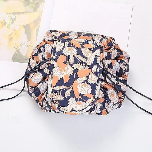 Magic Cosmetics Pouch Black Drawstring Cosmetic Bag for Women, Portable Waterproof Makeup Bag Organizer with Pearl Handle Chain, Travel Toiletry Beauty Case