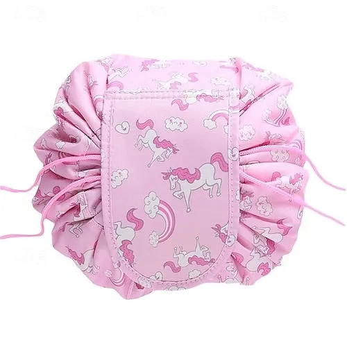 Magic Cosmetics Pouch Black Drawstring Cosmetic Bag for Women, Portable Waterproof Makeup Bag Organizer with Pearl Handle Chain, Travel Toiletry Beauty Case