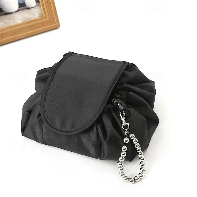 Magic Cosmetics Pouch Black Drawstring Cosmetic Bag for Women, Portable Waterproof Makeup Bag Organizer with Pearl Handle Chain, Travel Toiletry Beauty Case