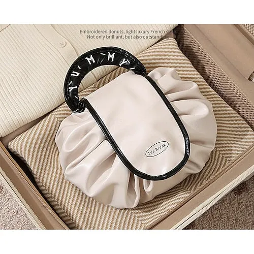 Magic Cosmetics Pouch Black Drawstring Cosmetic Bag for Women, Portable Waterproof Makeup Bag Organizer with Pearl Handle Chain, Travel Toiletry Beauty Case