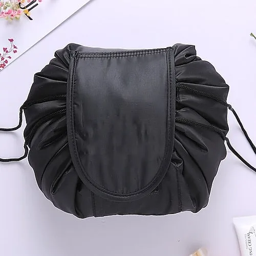Magic Cosmetics Pouch Black Drawstring Cosmetic Bag for Women, Portable Waterproof Makeup Bag Organizer with Pearl Handle Chain, Travel Toiletry Beauty Case
