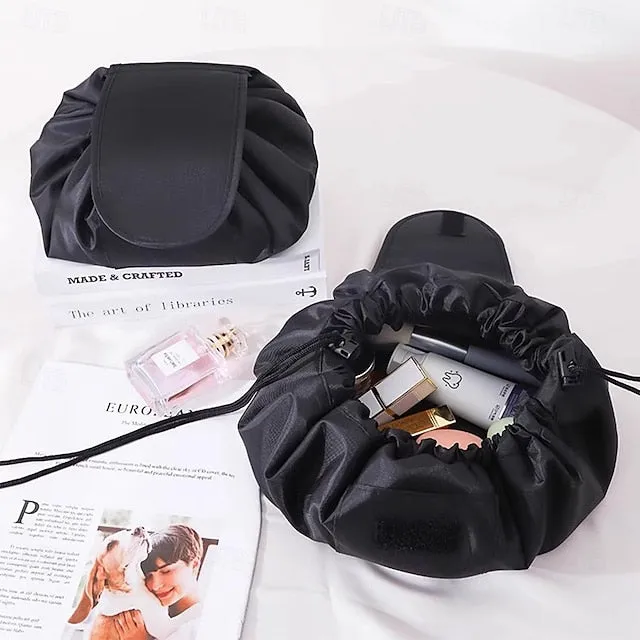 Magic Cosmetics Pouch Black Drawstring Cosmetic Bag for Women, Portable Waterproof Makeup Bag Organizer with Pearl Handle Chain, Travel Toiletry Beauty Case