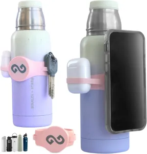 Magnetic Water Bottle Phone Holder – One-Piece Silicone Strap for Gym | Holds Phone, Keys & Earbuds | Fits 12–40 oz Bottles (Lady Pink)