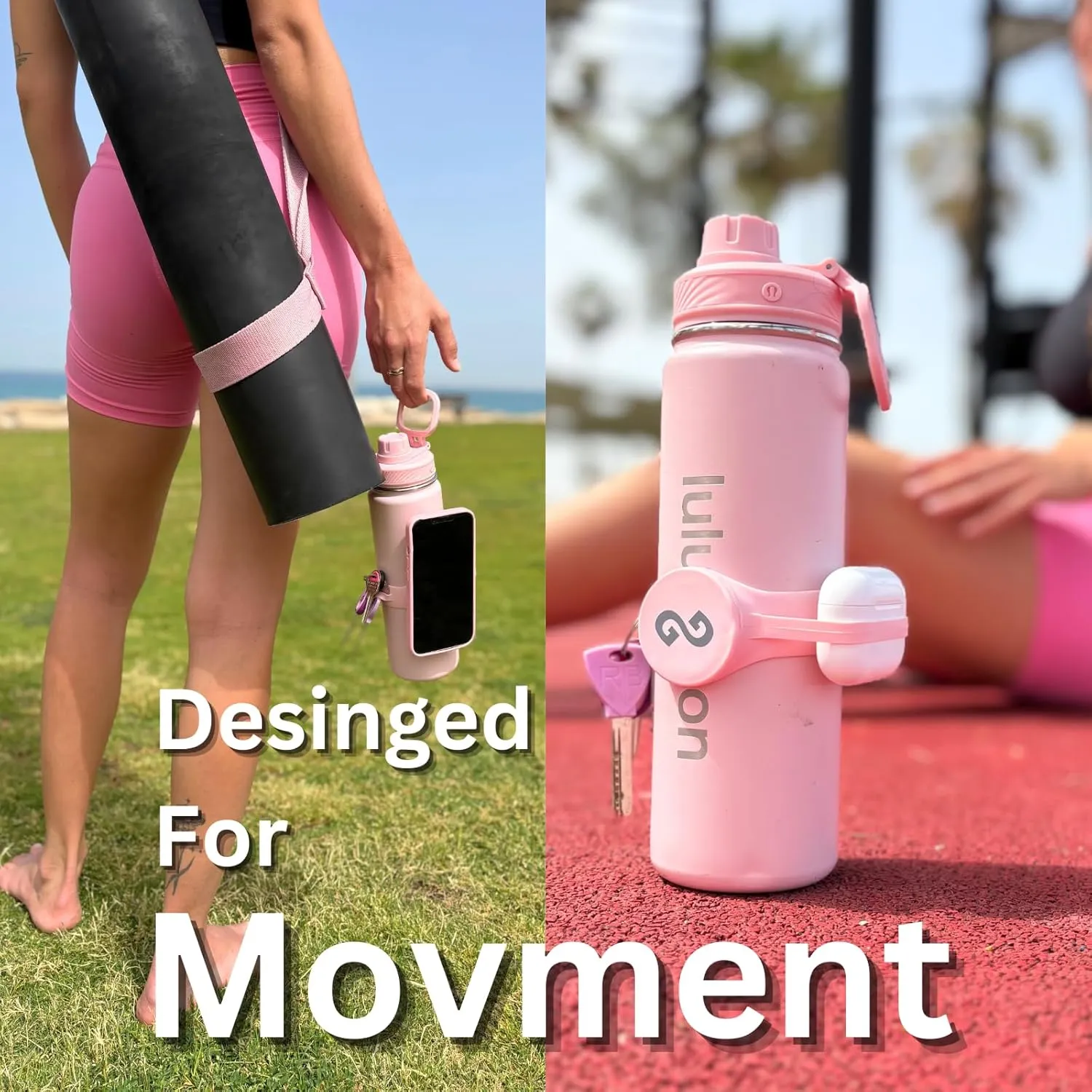 Magnetic Water Bottle Phone Holder – One-Piece Silicone Strap for Gym | Holds Phone, Keys & Earbuds | Fits 12–40 oz Bottles (Lady Pink)