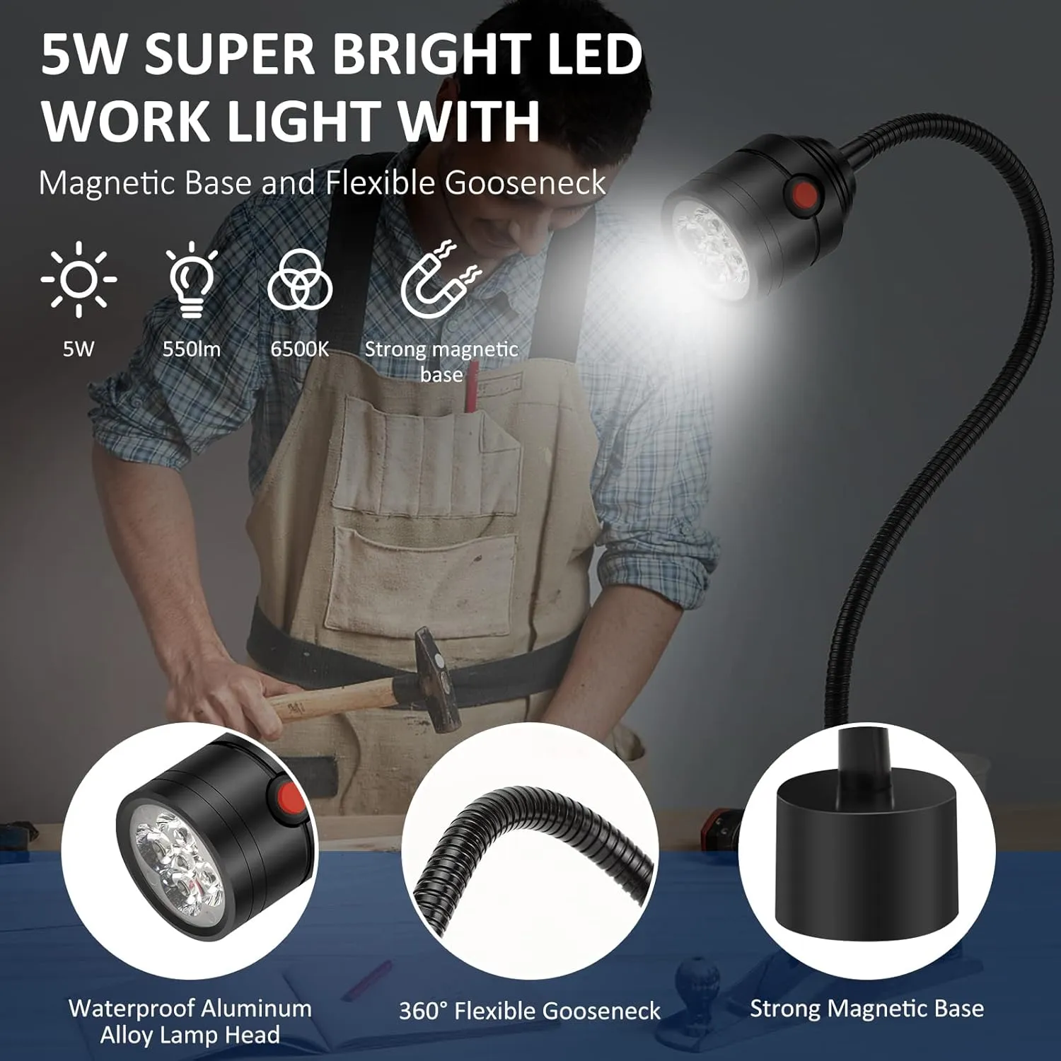 Magnetic Work Light, LED Machine Light with Flexible Gooseneck and Magnetic Base, Shop Tool Lamp for Lathe, Work Bench, Sewing Machine, Grill, Industrial Lighting Black