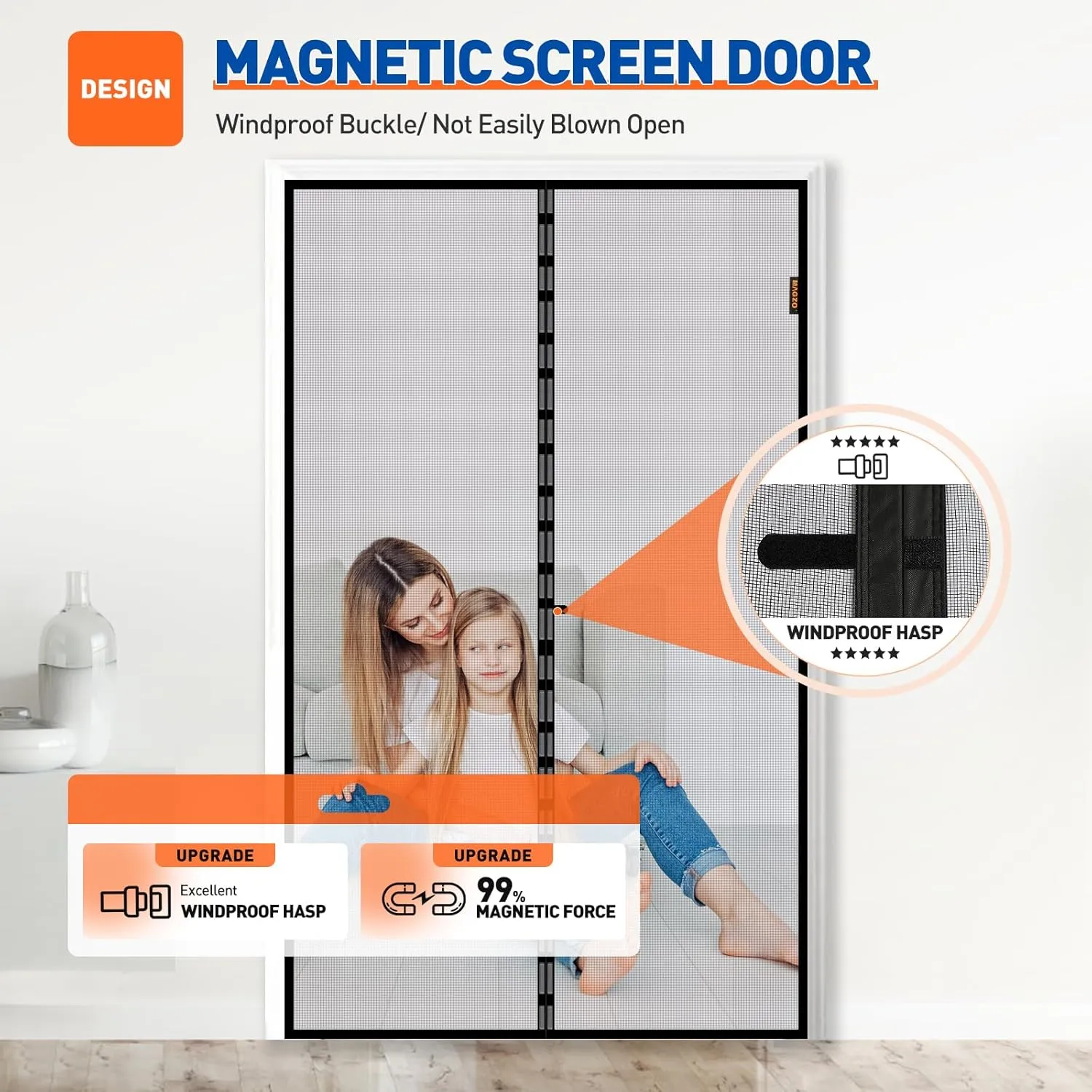 MAGZO Magnetic Screen Door Fit Door Size 60 x 80 Inch, Screen Size 62" x 81" Strong Magnet French Style Mesh, Heavy Duty Fiberglass Mesh with Hook & Loop for Sliding Entrance, Gray