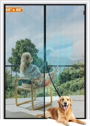 MAGZO Magnetic Screen Door Fit Door Size 60 x 80 Inch, Screen Size 62" x 81" Strong Magnet French Style Mesh, Heavy Duty Fiberglass Mesh with Hook & Loop for Sliding Entrance, Gray