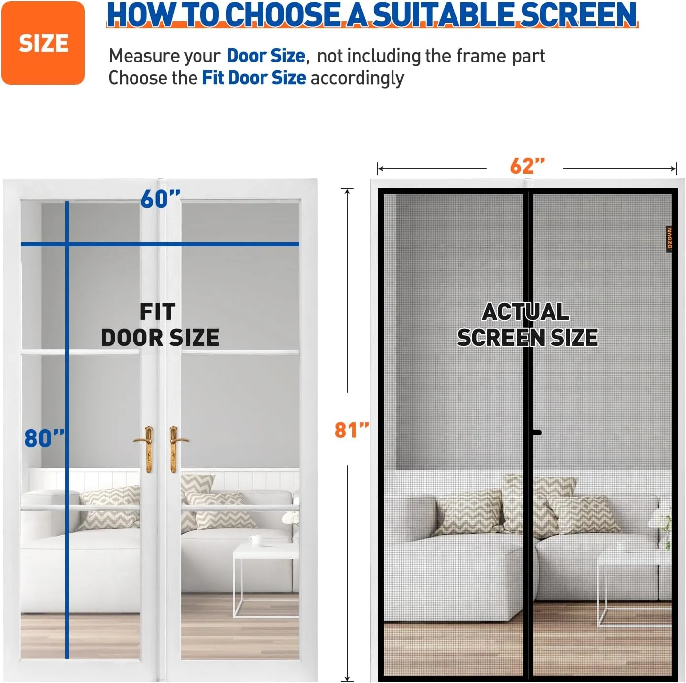 MAGZO Magnetic Screen Door Fit Door Size 60 x 80 Inch, Screen Size 62" x 81" Strong Magnet French Style Mesh, Heavy Duty Fiberglass Mesh with Hook & Loop for Sliding Entrance, Gray