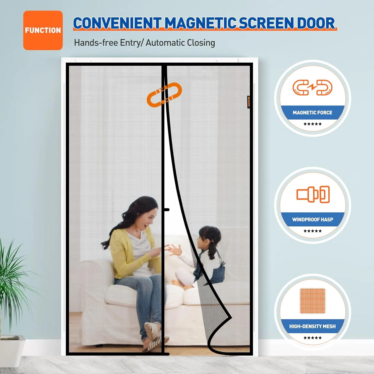 MAGZO Magnetic Screen Door Fit Door Size 60 x 80 Inch, Screen Size 62" x 81" Strong Magnet French Style Mesh, Heavy Duty Fiberglass Mesh with Hook & Loop for Sliding Entrance, Gray