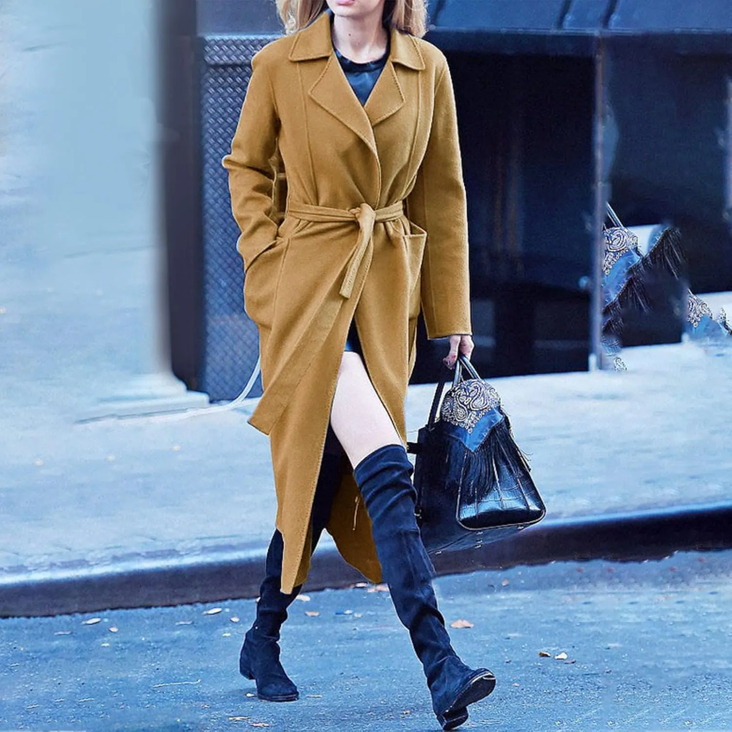 maisdgop Women's Trench Coats Open Front Woolen Cloth Overcoat Thick Long Sleeve Jackets Soft Mid Length Lapel Windbreaker