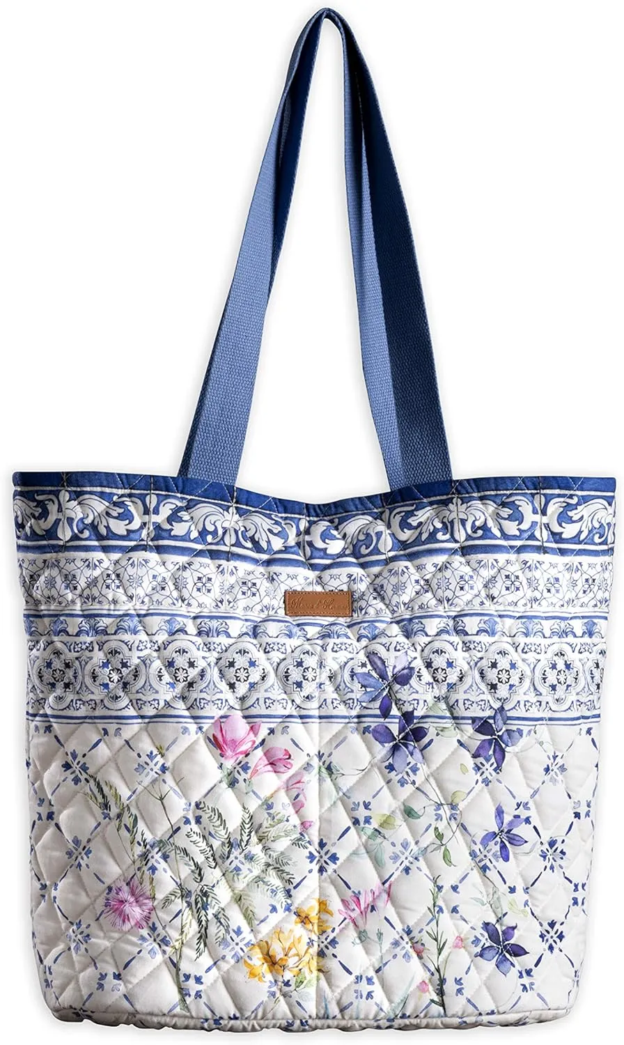 Maison d' Hermine Shopping Bag Cotton Quilted Tote Bag with Zipper Pockets & Small Pouch Grocery Bag for Work Travel Lunch