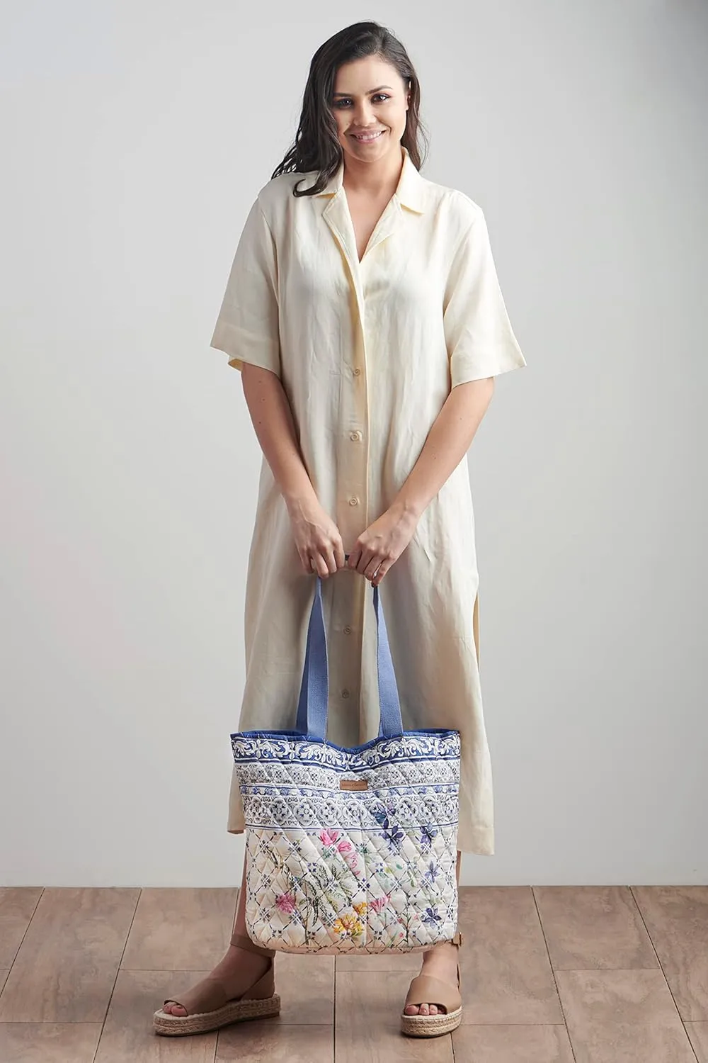 Maison d' Hermine Shopping Bag Cotton Quilted Tote Bag with Zipper Pockets & Small Pouch Grocery Bag for Work Travel Lunch