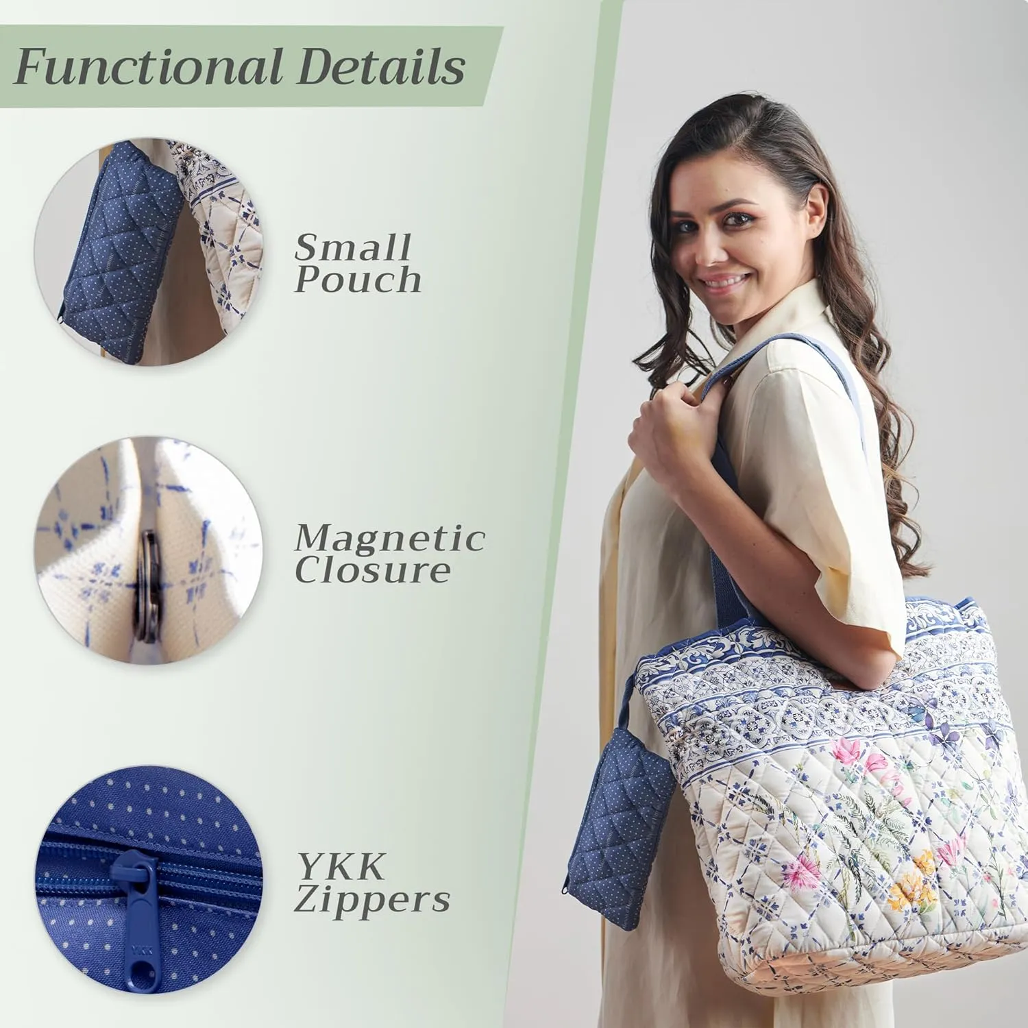 Maison d' Hermine Shopping Bag Cotton Quilted Tote Bag with Zipper Pockets & Small Pouch Grocery Bag for Work Travel Lunch
