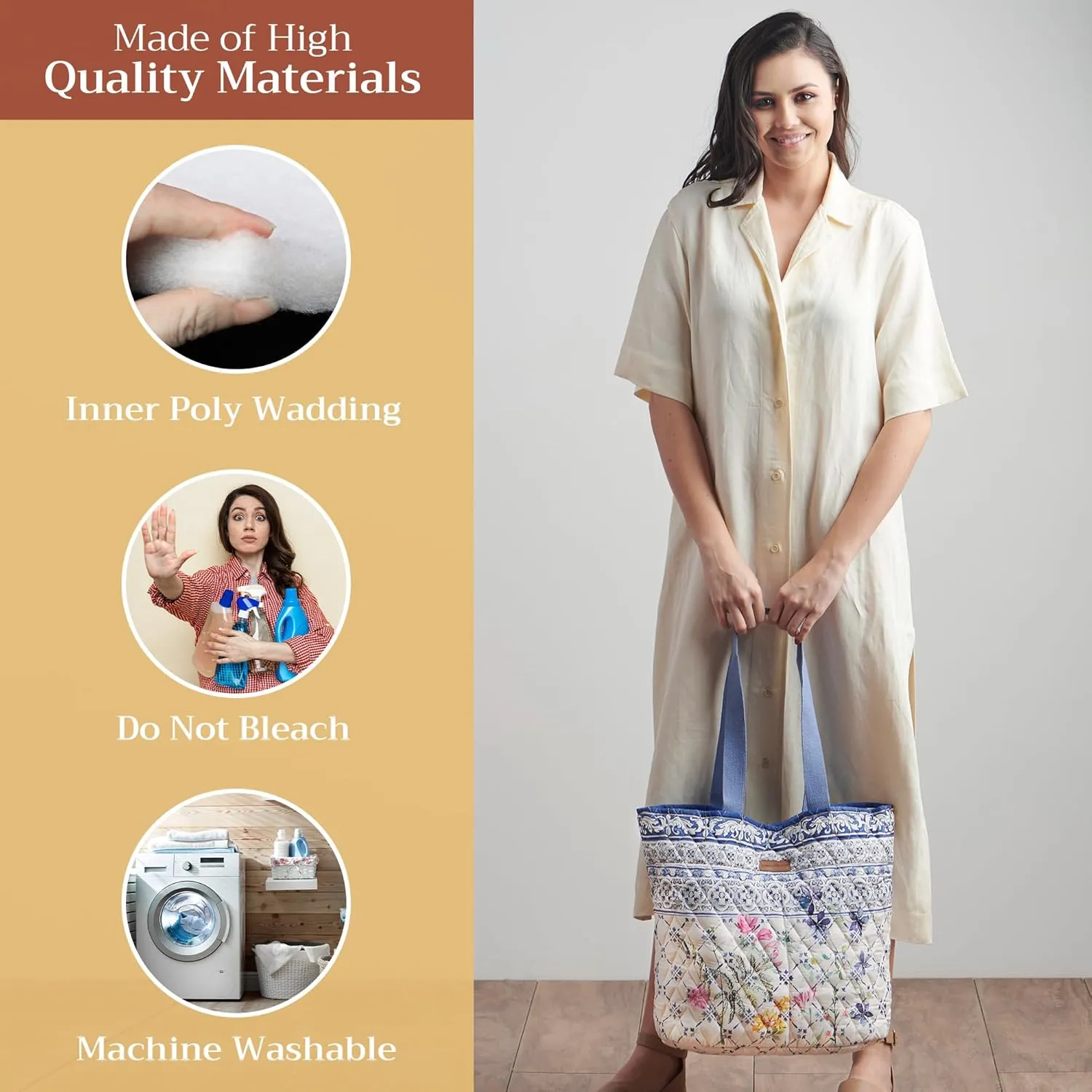 Maison d' Hermine Shopping Bag Cotton Quilted Tote Bag with Zipper Pockets & Small Pouch Grocery Bag for Work Travel Lunch
